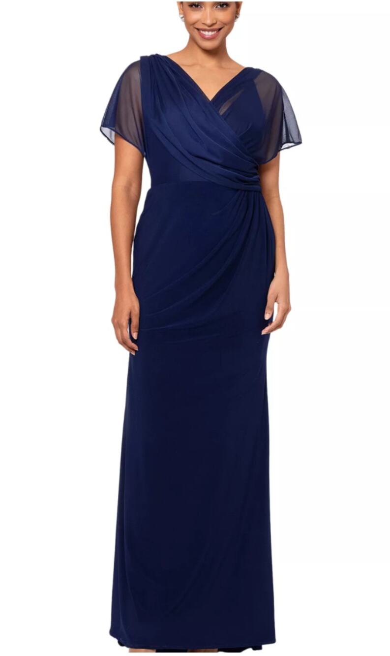Betsy & Adam Blue Evening Gown Draped V-Neck Short Sleeve Column Dress Size 6